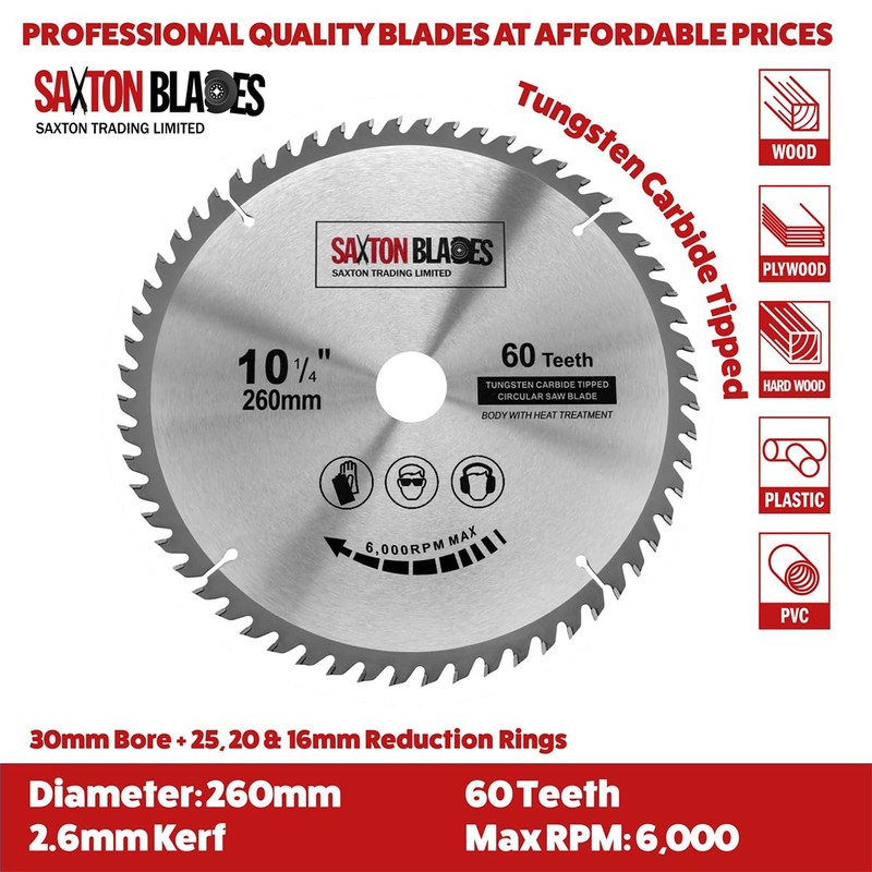 Saxton TCT Circular Wood Saw Blade 260mm x 30mm x