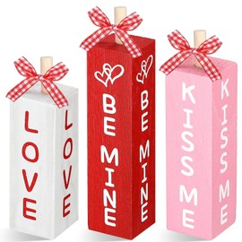 Geetery Valentine's Day Wood Table Block Decoration Valentines Tiered Tray Decor Wooden Tabletop Sign Farmhouse Centerpieces for Valentine's Day Wedding Home Anniversary Party (Romantic Style)