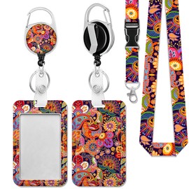 Boho Colorful Paisley Badge Holder with Detachable Lanyard, ID Card Holder Vertical ID Protector Clips, Fashionable Name Tags Clips with Heavy Duty Badge Reel for Nurse Doctor Office Employees