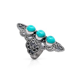 Koral Jewelry Synthetic Turquoise 3 Stones Ethnic Vintge Gipsy Multi Stone Ring 925 Sterling Silver Vintage Tribal Gipsy Boho Chic (6)