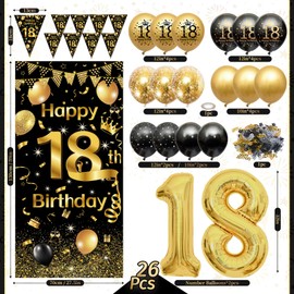 18th Birthday Decoration, Rainllon 18th Birthday Boy Girl, Confetti Decoration 18th Birthday Boy, 18th Birthday Decoration Balloons Black Gold, Birthday Decoration 18 Long Banner, Decoration 18th