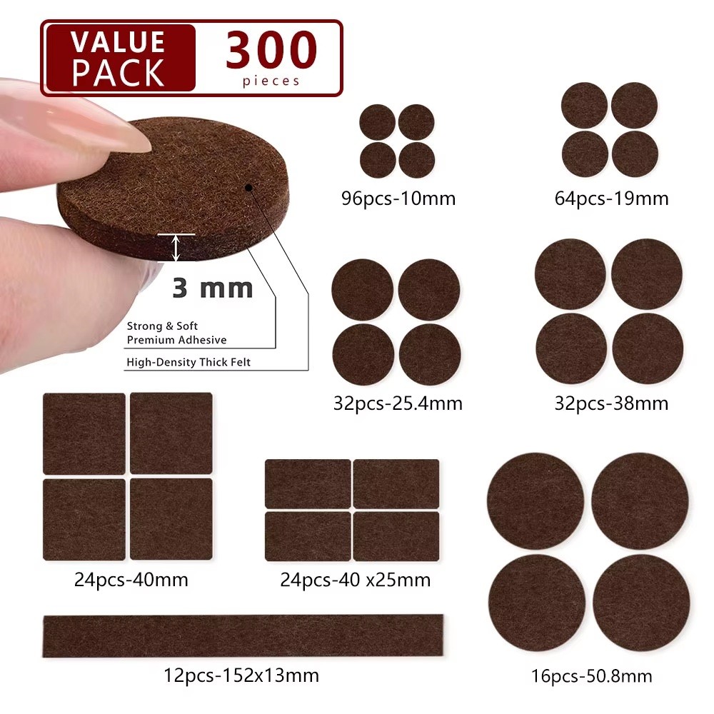 300-piece assorted felt pad sizes; approximate inch dimensions are listed below