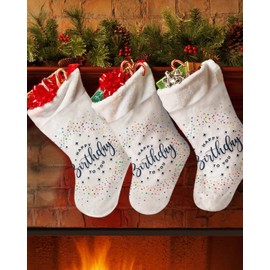 Christmas Stockings, Happy Birthday to You Xmas Tree Faux Fur Christmas Stocking, Modern Colorful Geometric Art Aesthetics Hanging Ornaments Stockings for Christmas Holiday Party Decorations 18"x12"