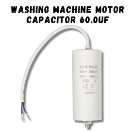Invero Washing Machine Motor Capacitor 60.0uf - 450V Wired 250mm Cable - Dimensions: 50 x 119 mm - White