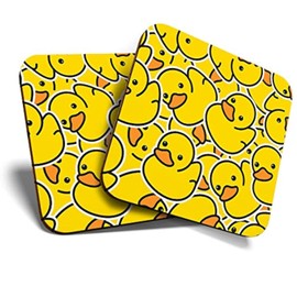 Great Coasters (Set of 2) Square/Glossy Quality Coasters/Tabletop Protection for Any Table Type - Yellow Rubber Ducks Duckling #2078