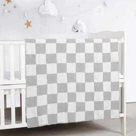 CREVENT Cuddly Soft Warm Chenille Baby Blanket for Girls Boys, Newborn Essentials for Infant, Baby Shower Reception Gift - Checked Grey 75 x 100 cm