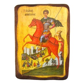 Handmade Wooden Greek Christian Orthodox Wood Icon of Saint Dimitrios Demetrius Demetrios Riding His Horse / 1AP
