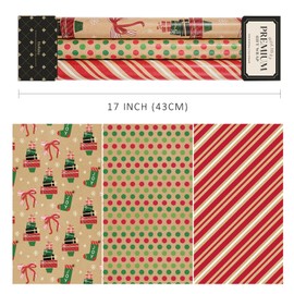 LaRibbons Kraft Christmas Wrapping Paper Set, 3 Rolls 17" x 120", Features Christmas Stockings, Gifts, Stripes, Polka Dots, Brown Holiday Paper with Cutlines for Christmas, Holiday, Birthday, Party, Gift Wrap