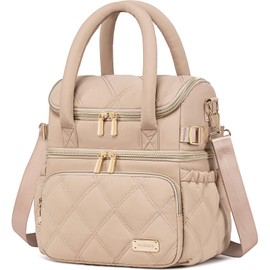 Weitars Lunch Bag for Women Men,Double Deck Lunch Box for Women,Quilted Lunch Tote for Work,Insulated Lunch Cooler Leakproof Lunchbox for Adult with Shoulder Strap &Pockets for Picnic Hiking (Khaki)