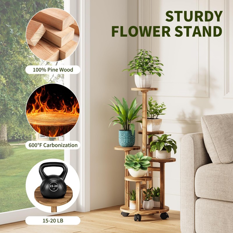 Uneedem 5 Tier Plant Stand Indoor with Wheels, Wood Tall