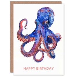 Artery8 Octopus Modern Blue Purple Pink Watercolour Blank For Him Or Her Art Birthday Card