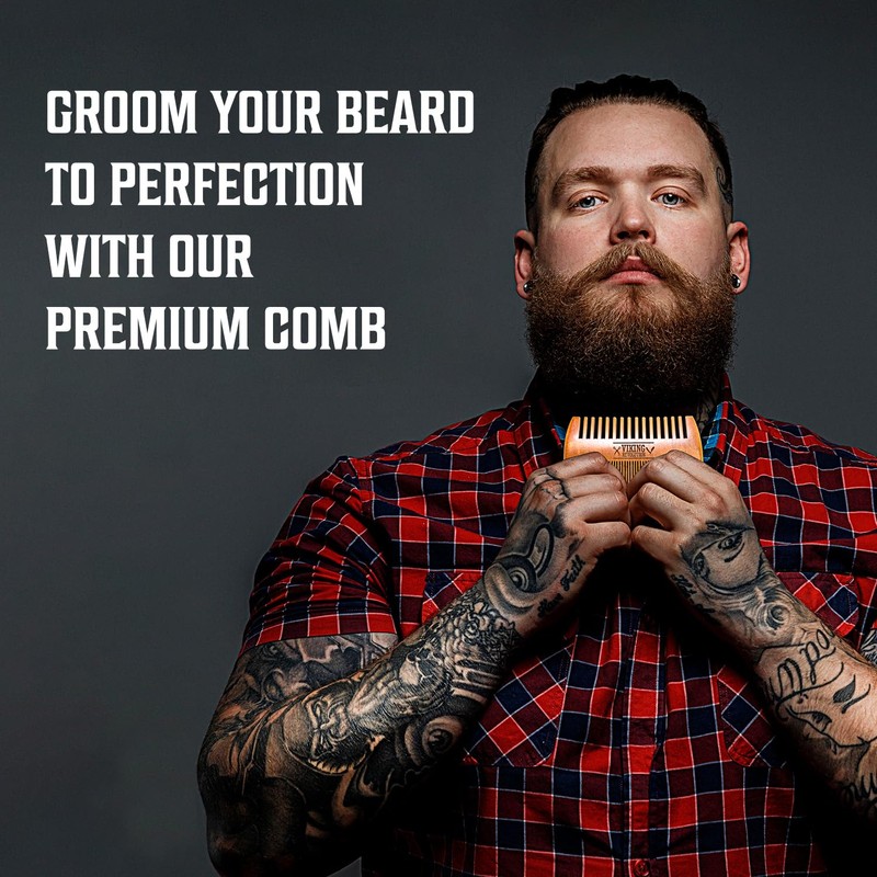 Viking Revolution Wooden Beard Comb & Case, Dual Action Fine