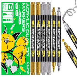 6 Gold & Silver Acrylic Paint Pens, Dual Tip Acrylic Paint Markers (Dot Tip + Brush Tip), Acrylic Markers for Rock, Fabric, Canvas, Glass, Wood, Paper, DIY, Ceramic,Paint Markers for Kids and Adults