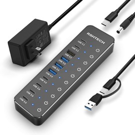 RSHTECH 10 Ports Powered USB 3.2/USB C Hub Splitter 60W with 3 x 10Gbps USB 3.2 Ports (2C + 1A),7 x USB 3.0 Ports (4C +3A), 3.3ft Cable and Individual Touch Switches for Laptop PC