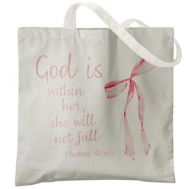 Veqzc Coquette Pink Bow Christian Tote Bags for Women, God is within Her She Will Not Fall Bible Verse Canvas Tote Bag, Christian Gifts for Women, Faith Based Gifts Reusable Grocery Shopping Bags