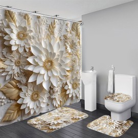 Chrainy 4pcs White Flowers Shower Cutain Bathroom Decor Sets with Rugs