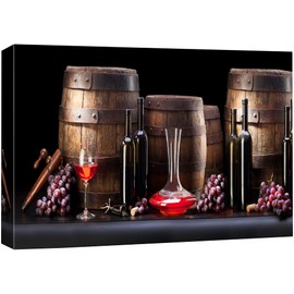 SIGNFORD Canvas Print Wall Art Red Wine with Flasks, Red Grapes & Barrels Drinks Cocktails Photography Modern Art Chic Scenic Multicolor Ultra for Living Room, Bedroom, Office - 32"x48"