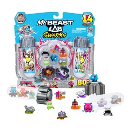 MrBeast Lab Swarms Battle Fusion Series Mega Lab Pack - Include 14 Micro Beasts con lancia serpente ultra rara, 80+ da raccogliere, adesivi e tappi Fusion impilabili per esposizione