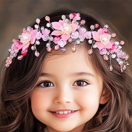 Urieo Pink Flower Girl Headpiece Crystal Princess Headband Wedding Floral Hair Accessories for Women and Girls