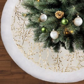 150 cm Christmas Tree Skirt, White and Gold, Faux Fur Christmas Tree Blanket, Round, Thick Plush Velvet Christmas Tree Blanket, Large Christmas Tree Blanket, White for Christmas Tree Decoration