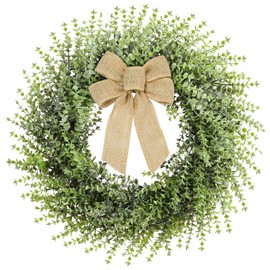 24inch Boxwood Wreath for Front Door,Spring Summer Wreaths,Boxwood Wreaths with 1 Burlap Bow for Wedding or Daily Decor, All Seasons for Front Door,Back Door,Indoor, Outdoor Wreath(24inch)
