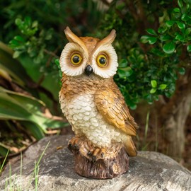 WONDHOME Solar Owl Garden Statues Outdoor Decor Resin Owl Figurine with LED Lights Owl Sculpture for Porch Patio Lawn Yard Decorations Christmas Housewarming Gifts for Women Mom,Brown Owl