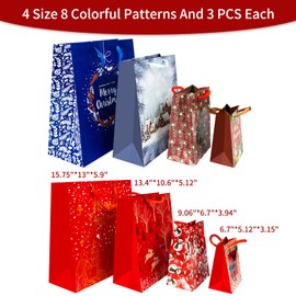 Cherubfunz 24 PCS Christmas Gift Bags Bulk Set with Snowman, Snowflake, Christmas Bell/Tree/Gin Pattern Design, Festival Bags for Wrapping Holiday Gifts – 6 X-Large, 6 Large, 6 Medium, 6 Small