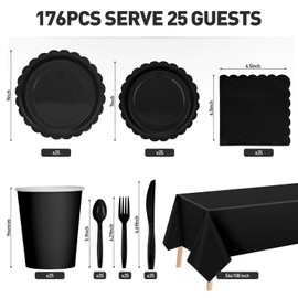 176 Pcs Black Paper Plates and Napkins, Black Party Supplies Include Scalloped Paper Plates Napkins Cup Plastic Tablecloth Spoon Fork Knives for Birthday Wedding Baby Shower