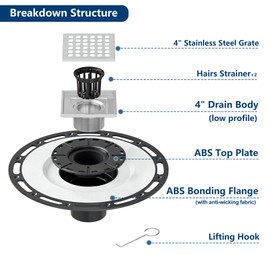 Neodrain 4 in Square Shower Drain Brushed 304 Stainless Steel, with Removable Drain Grate & Drain Key, ABS Bonding Flange Base for Low Profile Shower Pan, CUPC Certified