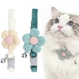 2er Pack Katzenhalsband mit Sicherheitsverschluss, Halsband Katze mit Glöckchen, Verstellbare Blumen Katzen Halsband, Katzen Halsbänder, Cat Collar, 22-29cm, Mandel, Grün