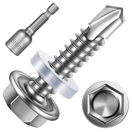 Mywish 200pcs #12×1" Self Drilling Screws for Metal, 410 Stainless Steel Self-Tapping Screws Hex Washer Head Self Drilling Screws, High-Strength Quick Tapping TEK Screws