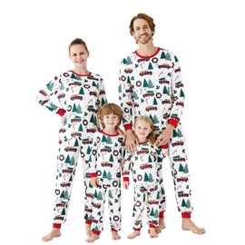 PATPAT Matching Family Christmas Pyjamas, Complete Set, Christmas Tree and Car Print, Long Sleeve Top and Bottoms, multicoloured
