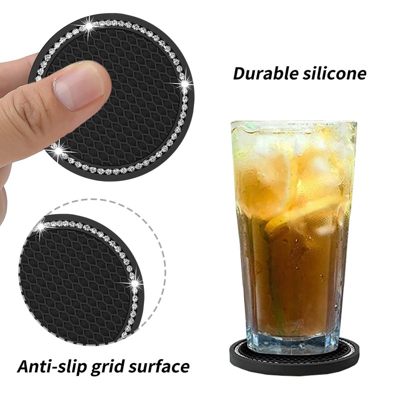2 Pcs Black Bling Car Cup Holder Insert Coaster Anti-Slip