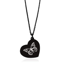 Tioneer Black Stainless Steel Love Butterfly Floating Heart Tag Charm Pendant Necklace