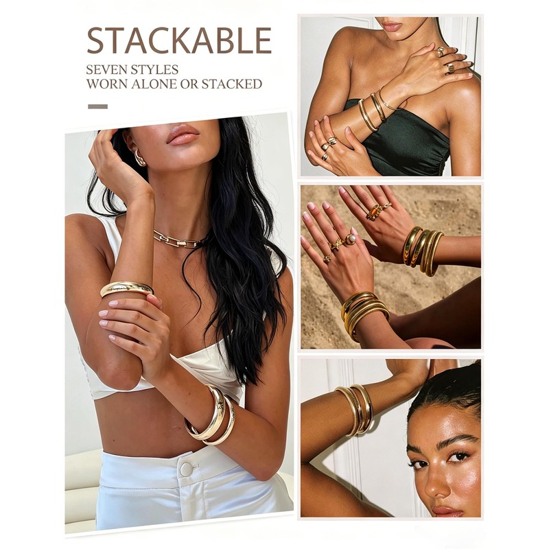 YEEZII Gold Bangle Bracelets for Women, 7Pcs 14K Gold Plated