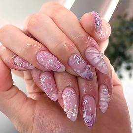 Rilafuvu Purple Press on Nails Almond Fake Nails 3D Wave Acrylic Nails Flower Nail Press ons French Glue on Nails pearl Artificial Nails Swirl Stick on Nails for Women 24Pcs