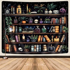 Magical Library Bookshelf Tapestry - Vintage Fantasy Dark Witchy Gothic Hippie Cool Aesthetic With Skull and Black Cat - For Ceiling, Bedroom, Study, Classroom, 60X40