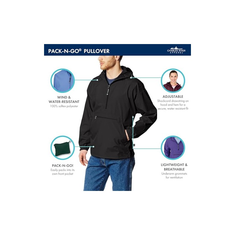 Charles River Apparel Men's Pack-N-Go Windbreaker Pullover, Red, Large