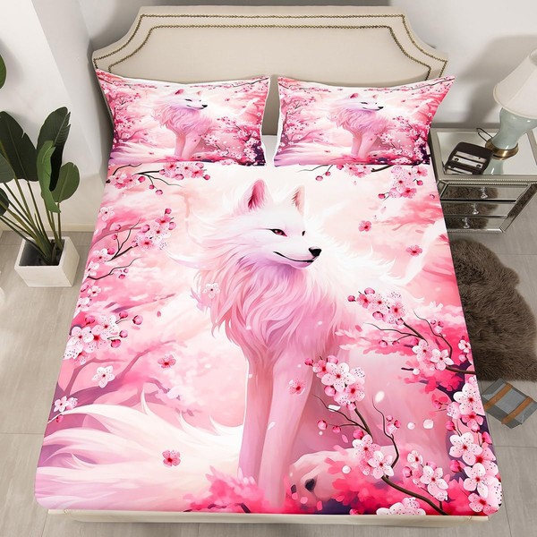 Fox Fitted Sheet Queen Size,Pink Cherry Blossom Bedding Sheets 3Pcs,Wild Animals Plants Bed Sheet for Kids Girls Woman Adult Bedroom Decor,Japanese Style Romantic Deep Packet Sheet,2 Pillowcases