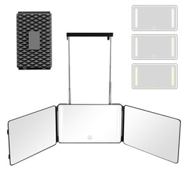 Moruedtu 3 Way Mirror with LED Lights & 360° View,See Back of Head Trifold Barber Mirror for Self Haircut, Shaving & Braiding, Portable Travel Design with Hook for Home,Men & Women (Black)