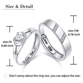 Endless Love Couple Rings, 925 Sterling Silver Promise Ring for Couples Romantic Heart Cubic Zirconia, Adjustable Engagement Wedding Ring for Him and Her