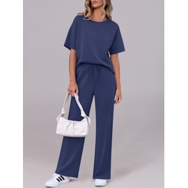 ANRABESS Women's Lounge Sets 2 Piece Outfits Summer Casual Short Sleeve Sweatsuits Matching Tracksuits Wide Leg Pant Set, Navy Blue, X-Large