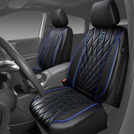 CAR PASS Piping Luxury PU Leather Two Front Car Seat Covers,Waterproof Anti- Slip Seat Covers Compatible with Front Seat Armrests,Universal Fit for Suvs,Vans,Trucks,Airbag Compatible(Black and Blue)