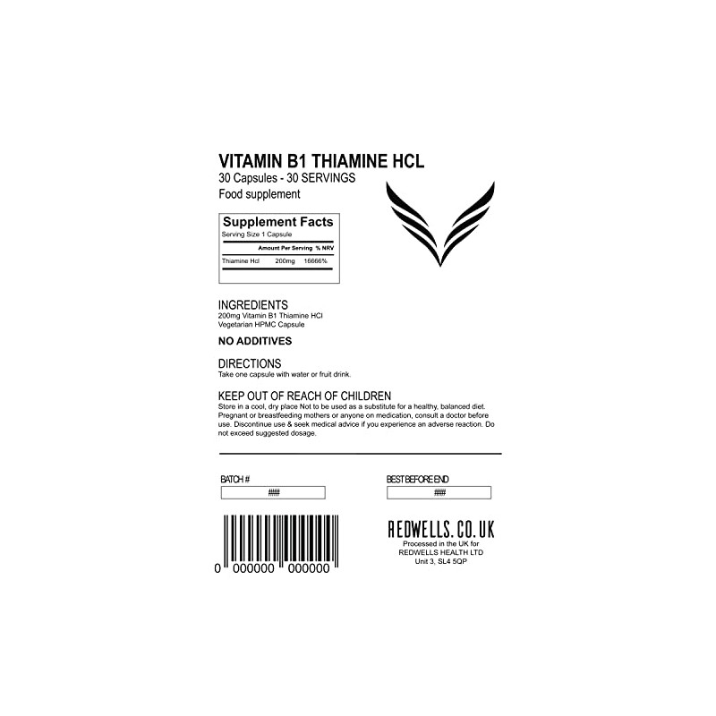 Vitamin B1 Capsules Thiamine REDWELLS No Additives High Strength 200mg
