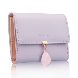 FT FUNTOR PU Leather Wallet for Women RFID-Blocking, Ladies Bifold Leaf Pendant Coin Zipper Small Purse with 5 Card Slots and 1 ID Window Card Holder Organizer(S-Purple)