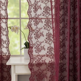 YJ YANJUN Dark Lace Maroon Curtains 72 Inch Length for Bedroom Retro Vintage Floral Voile Curtains Rod Pocket Privacy Modern Farmhous Sheer Curtains with Scalloped Edges 60s 70s Decor Deep Wine
