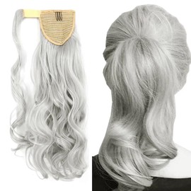 Silver Clip In Ponytail Hair Extension - iLUU Wrap Around Synthetic Pony Tail Long Curly Wavy Hairpiece Hair Piece Ponytails Hair Extensions for Women Lady Girl Party(Silver Color, 18" 100g)