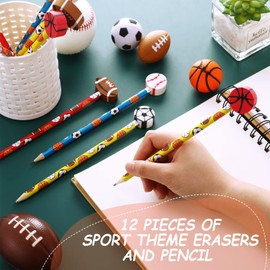 Chivao 12 Set Sports Pencils and Erasers for Kid Baseball Soccer Football Sports Party Favors for Students Back to School Stationery Party Gift Supplies