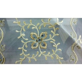 Ivory 72x126" Sheer Embroidered Gold Rhine Stone Tassel Sheer Tablecloth Elegant Washable Table Cloth Decorative Fabric Table Cover for Dining Table Buffet Parties