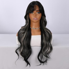 SMILCO/30Inch Highlight Black With Platinum Long Curly With Bangs Synthetic Wig/SM514
